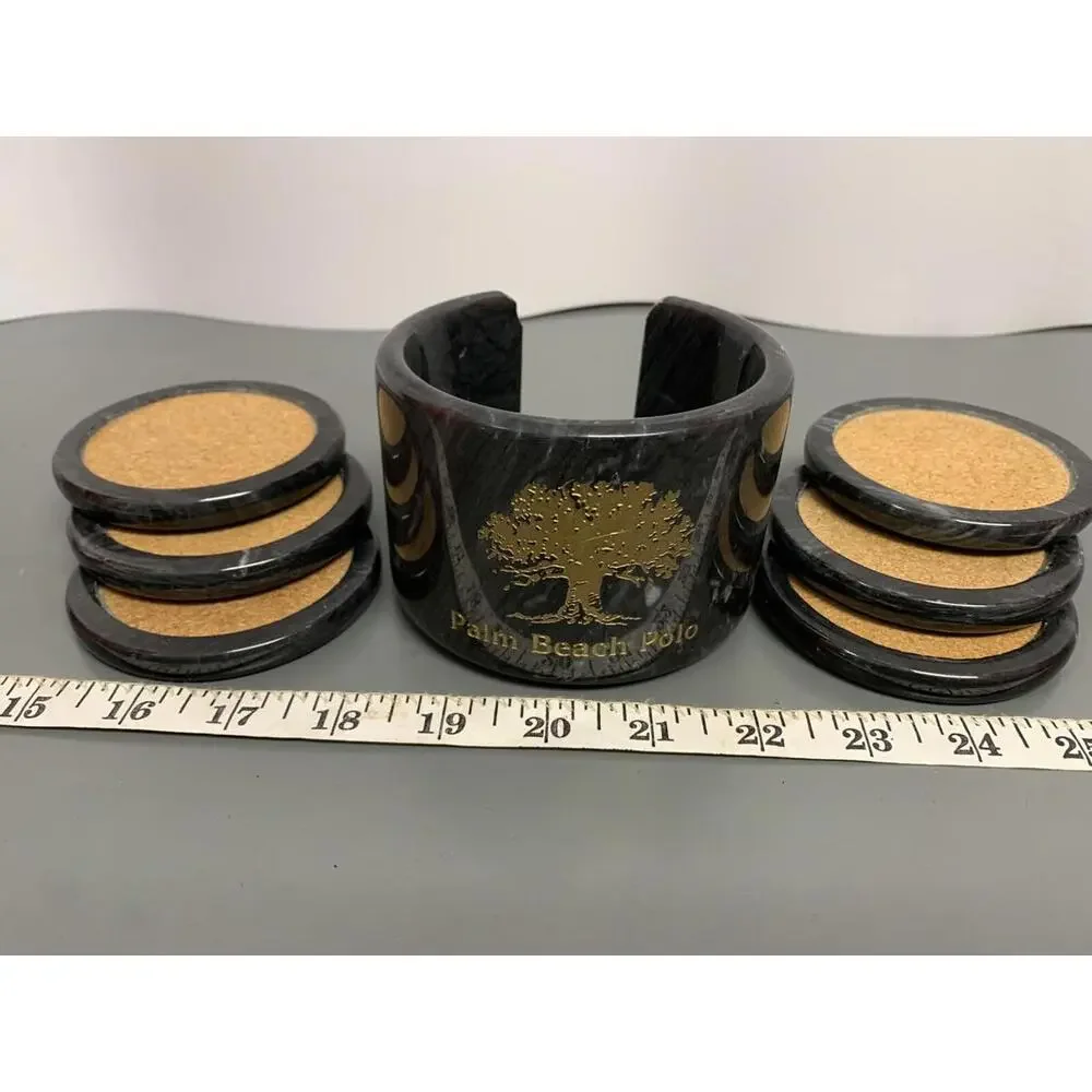 Black Marble Coaster Polo Dark Grey Cork Center Felt Bottom Set of 6 W/Holder